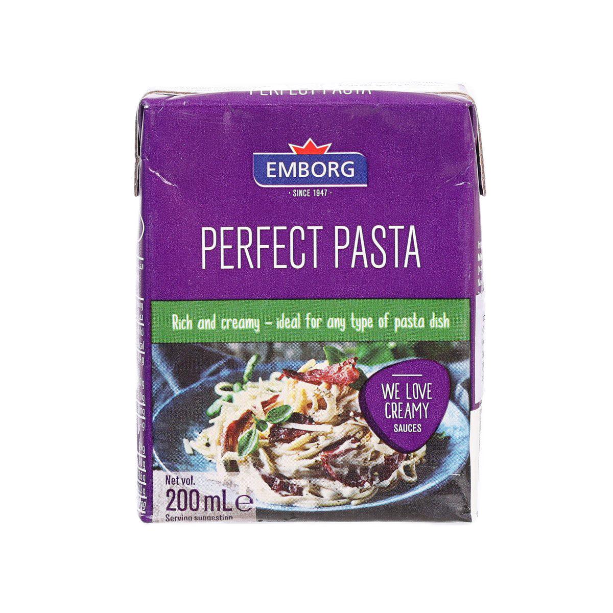 EMBORG Perfect Pasta creamy sauce carton, purple pack labeled 200 mL
