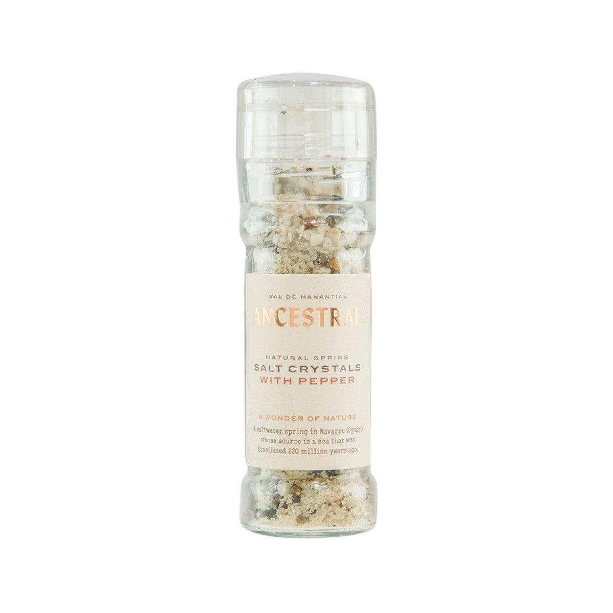 ANCESTRAL natural spring salt crystals with pepper in clear grinder bottle