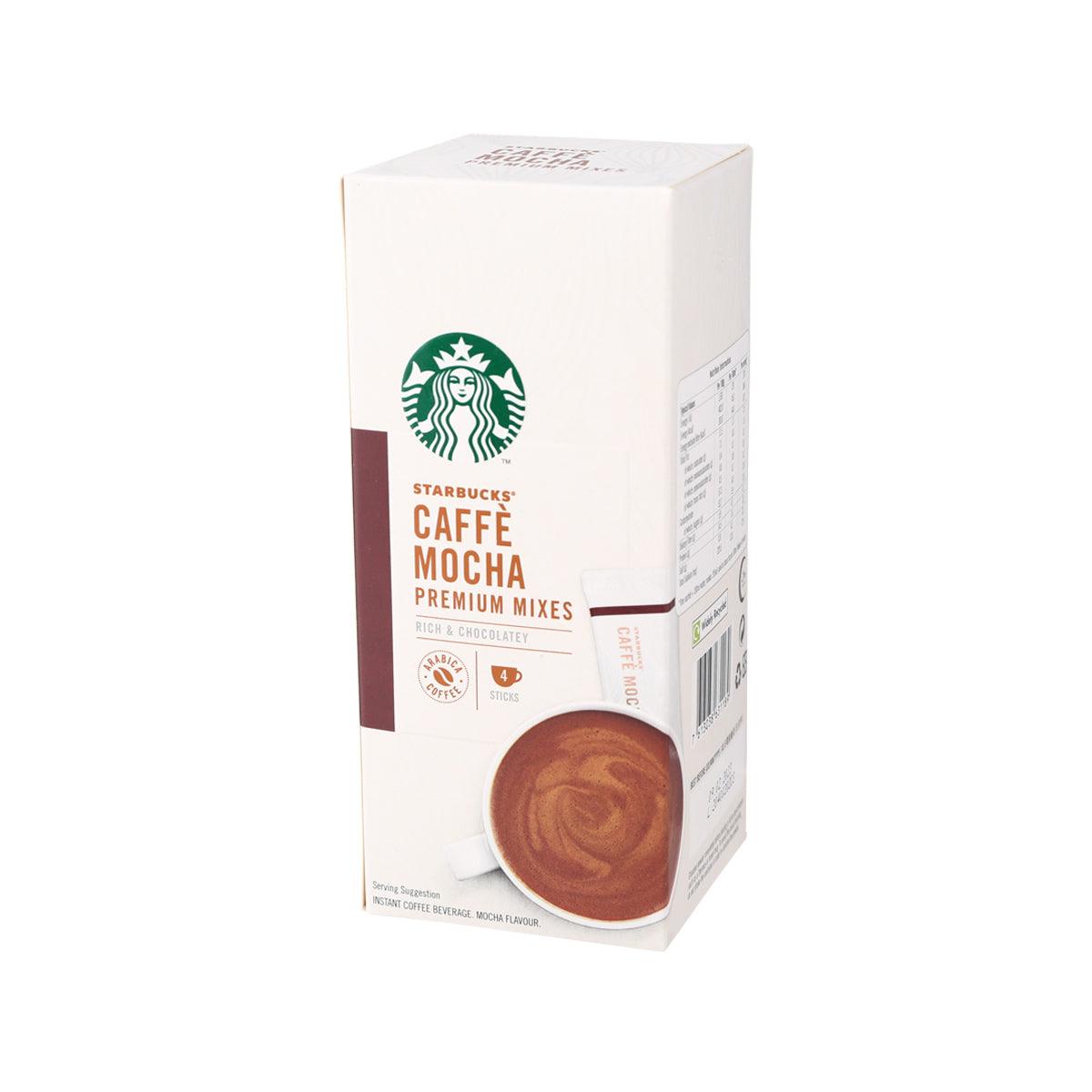 STARBUCKS Caffe Mocha instant coffee premium mix box side panel with text and cup icon