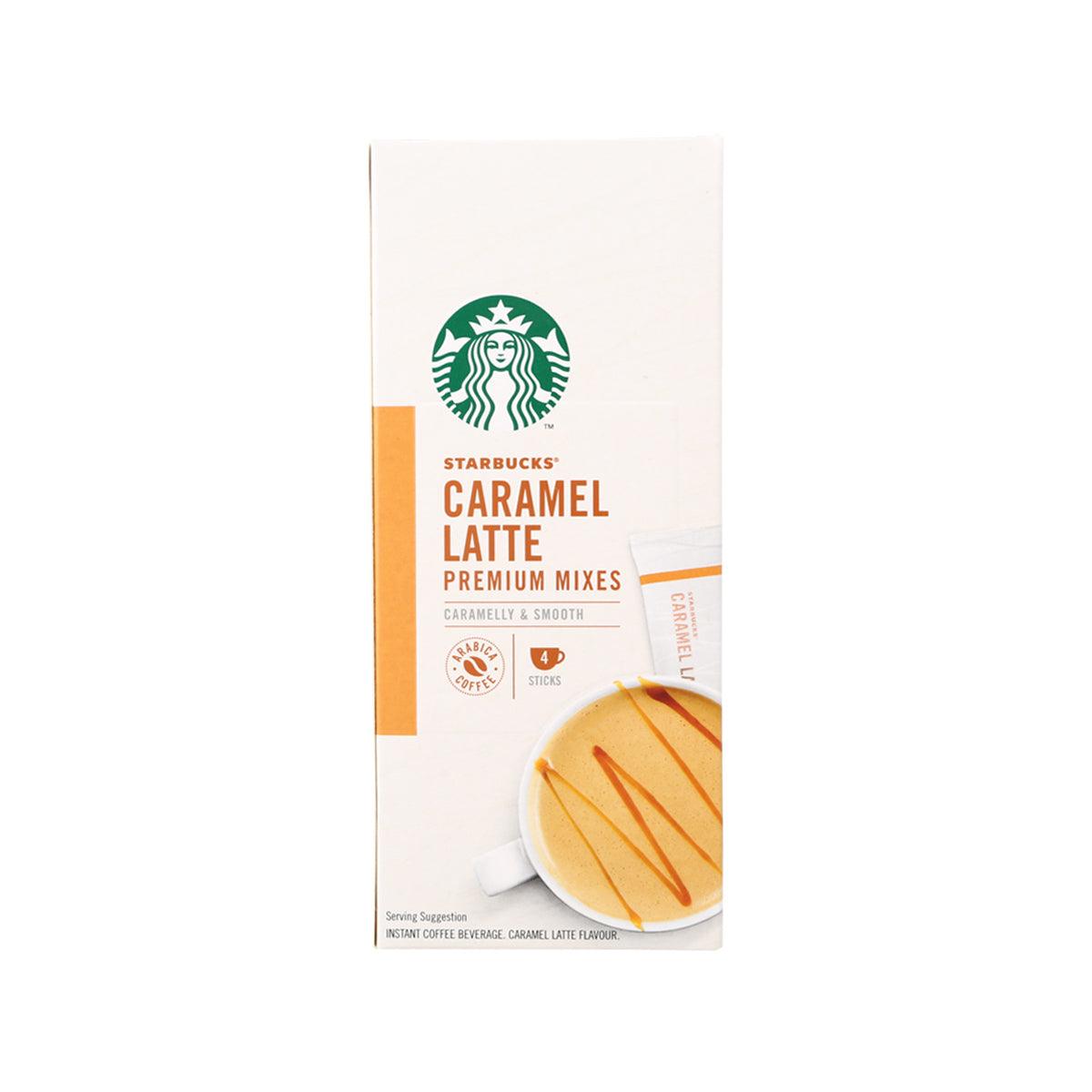 STARBUCKS caramel latte instant coffee mix box, premium latte mixes pouch graphic