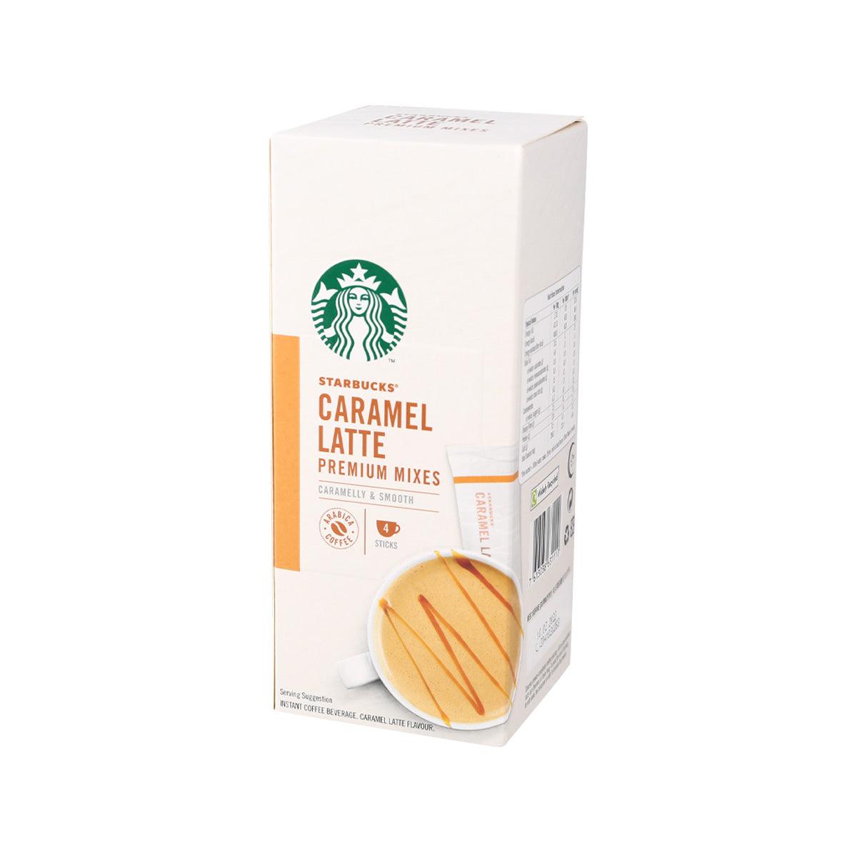STARBUCKS caramel latte instant coffee mix box, side panel with barcode and mix icons