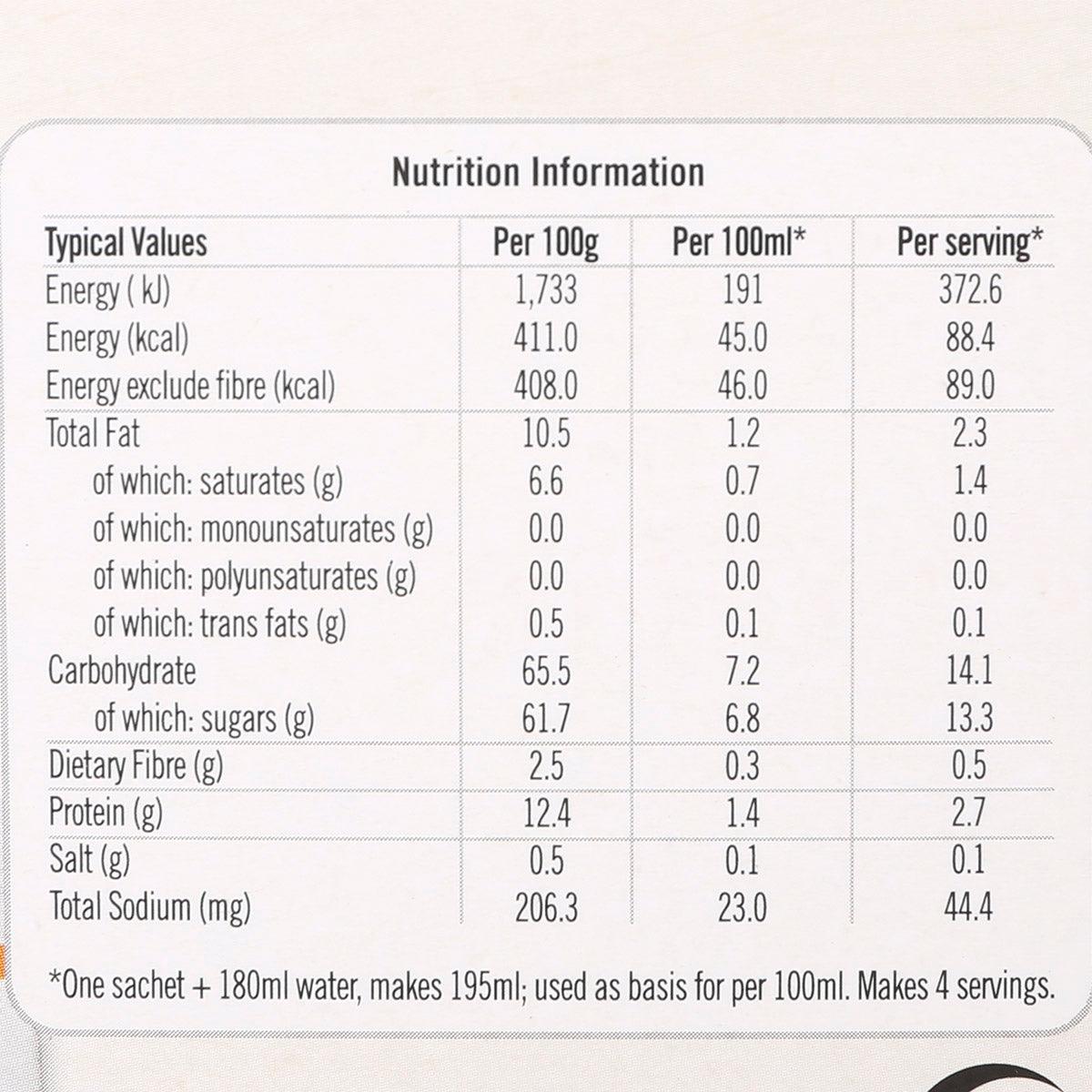 Nutrition information panel for caramel latte instant coffee mix, typical values table
