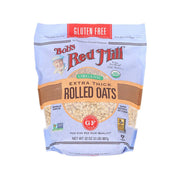 Gluten-free organic extra thick rolled oats bag, Bobs Red Mill front label