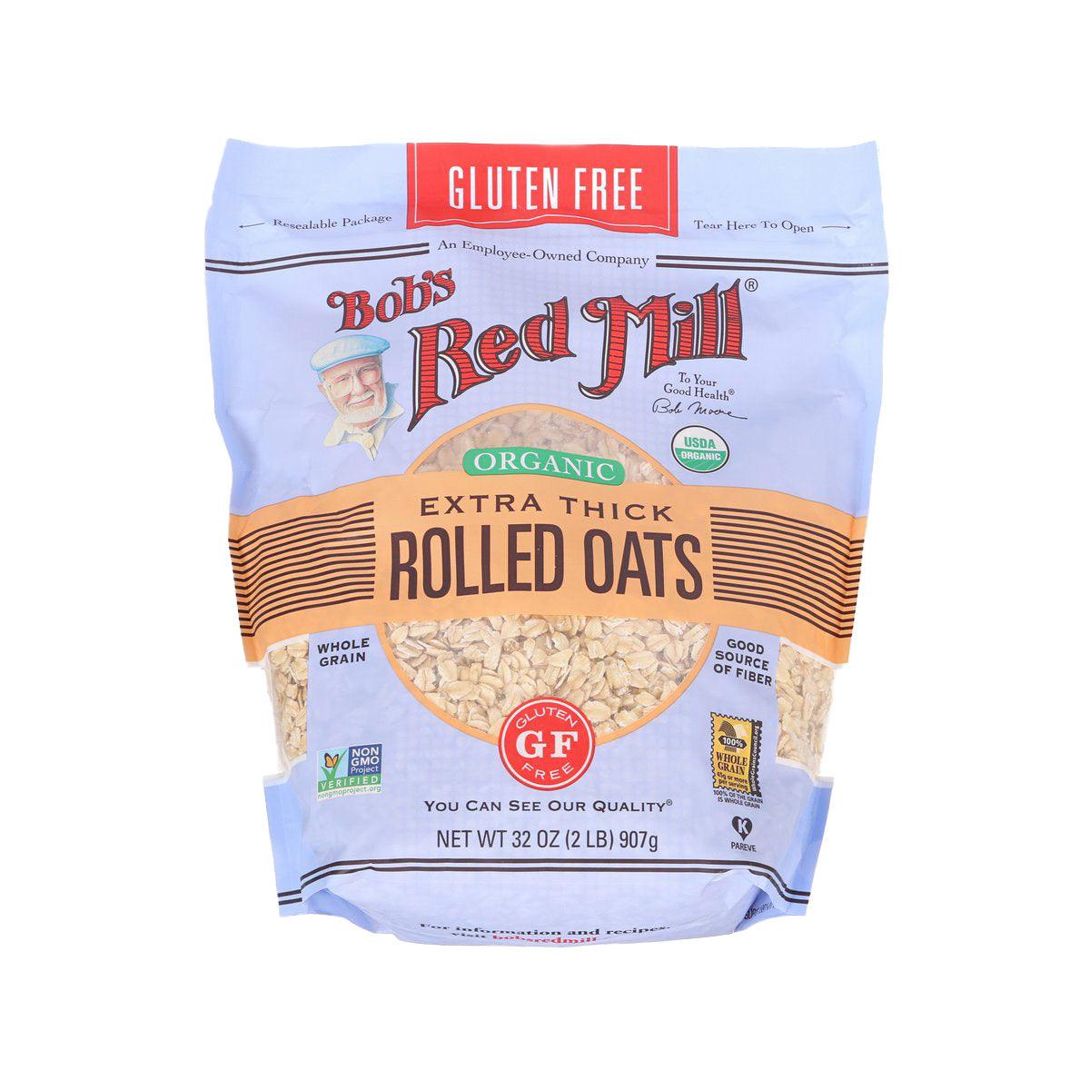 Gluten-free organic extra thick rolled oats bag, Bobs Red Mill front label