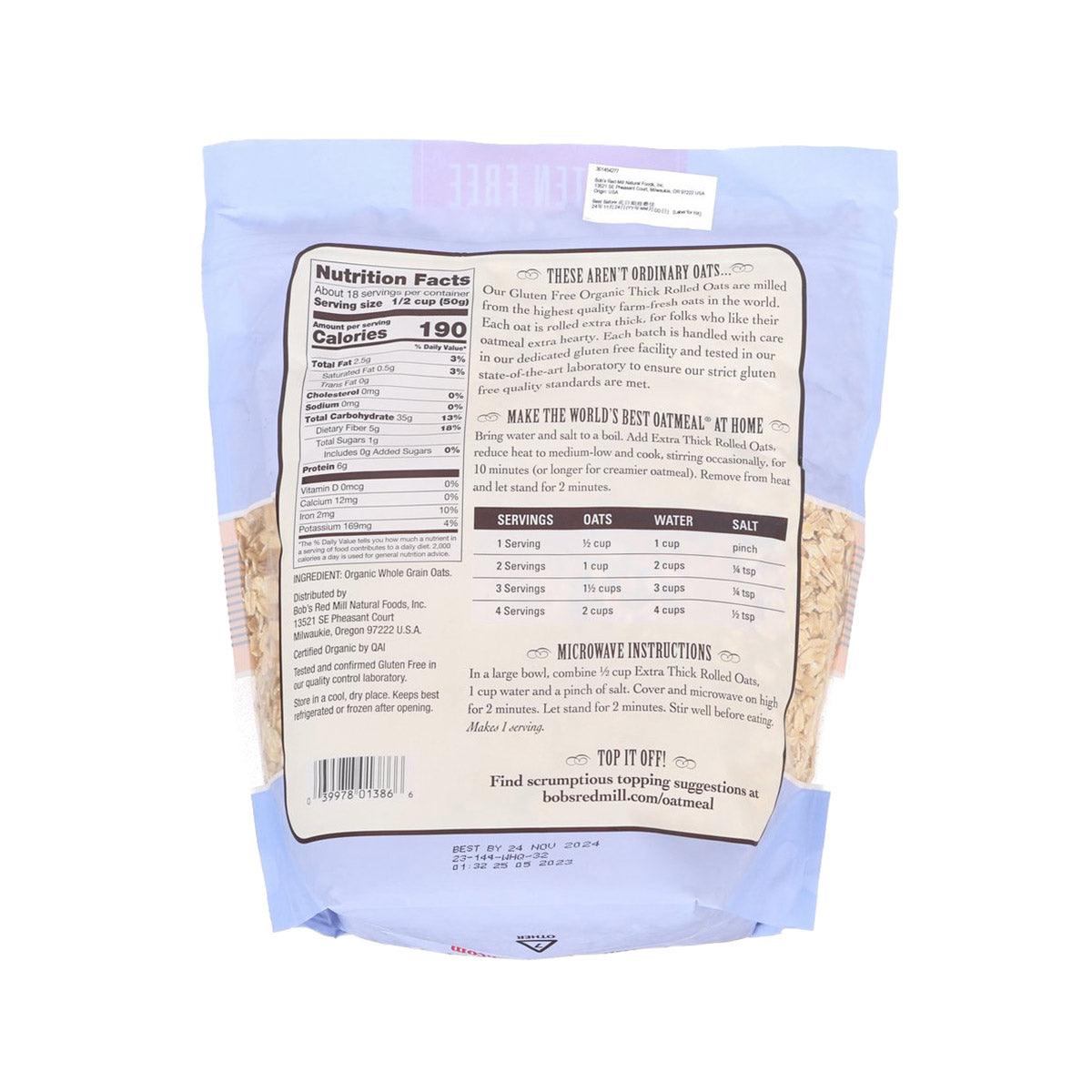 Gluten-free organic extra thick rolled oats bag, nutrition facts panel