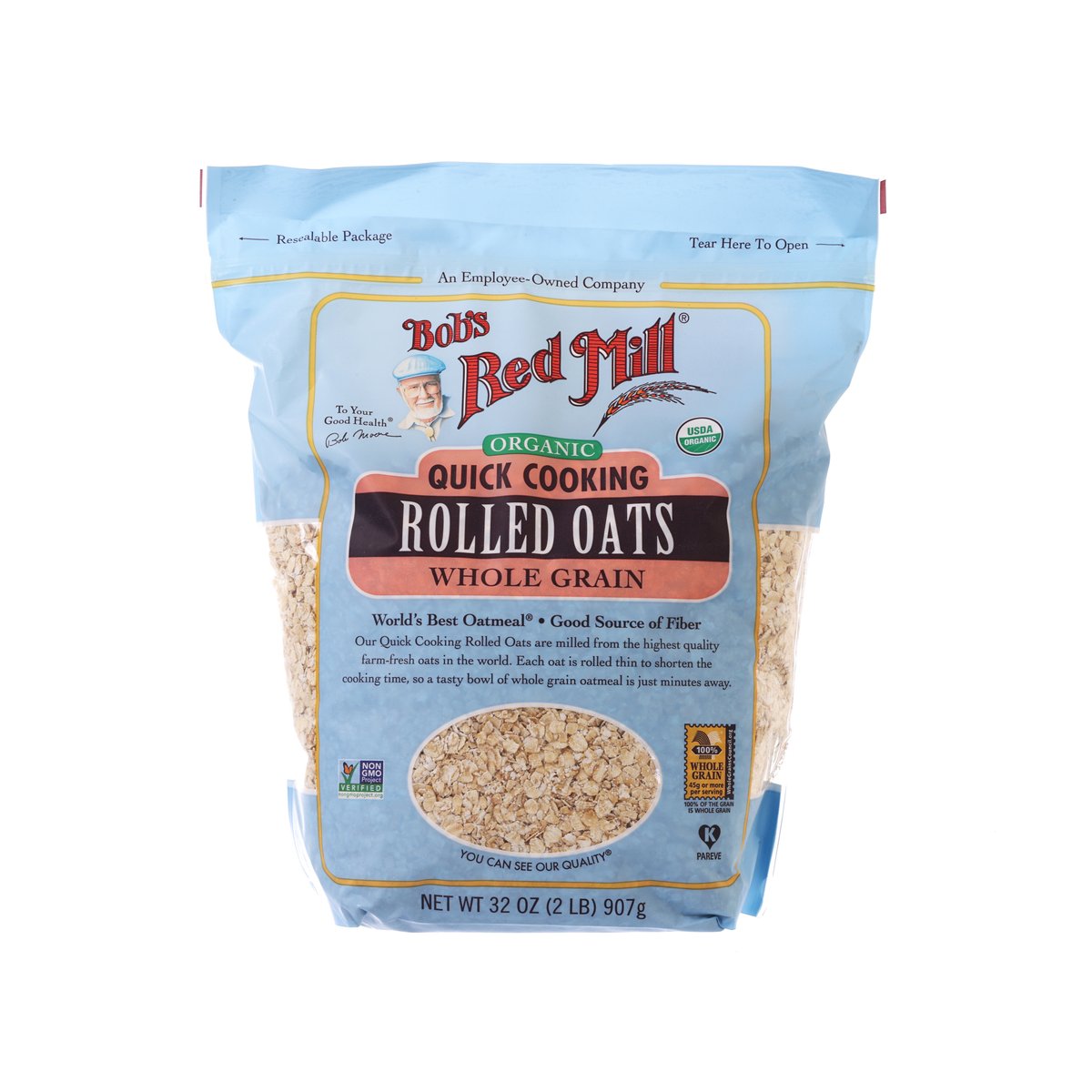 Organic quick cooking rolled oats bag with whole grain oats, net wt 32 oz (907g)
