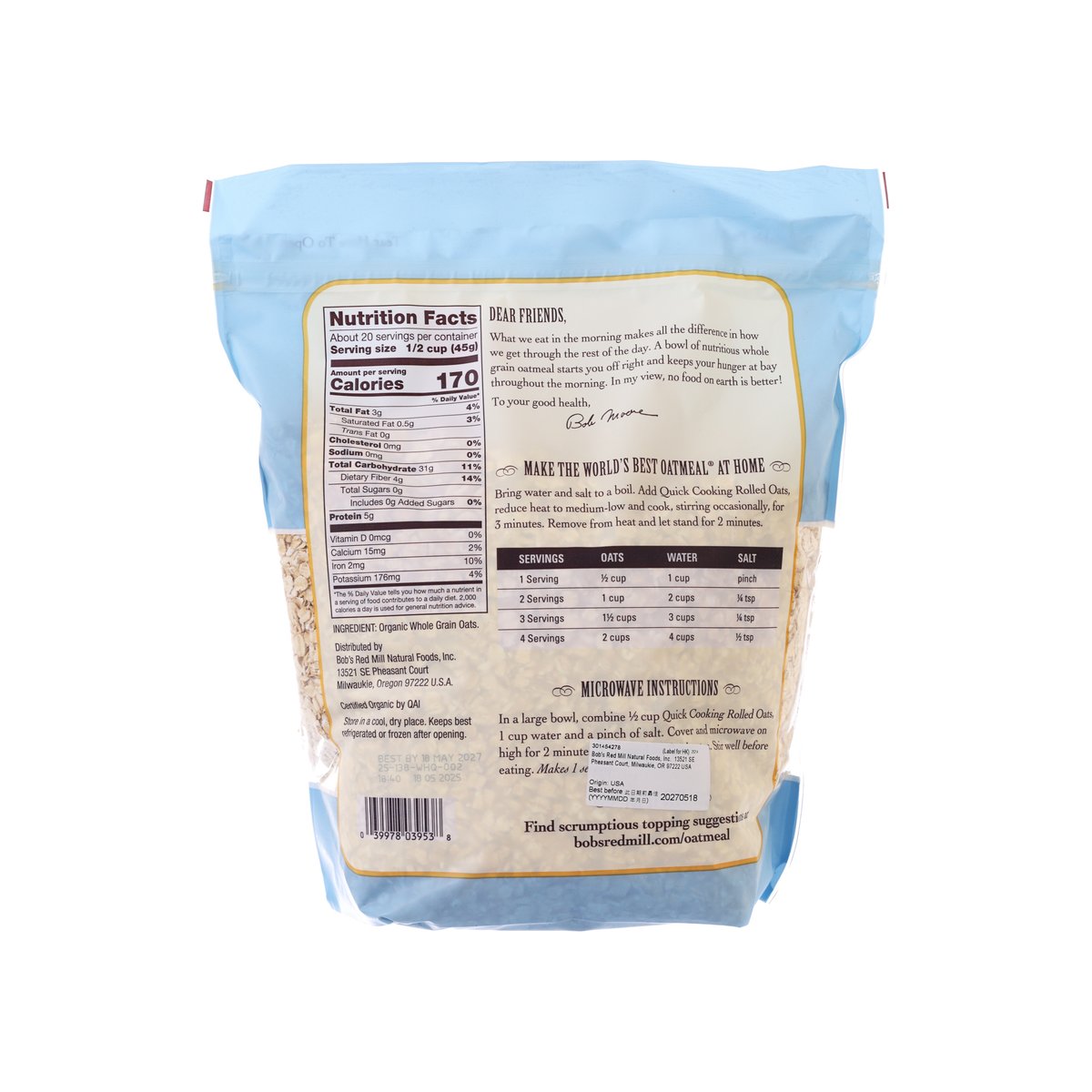 Back of organic rolled oats pouch with nutrition facts and ingredient panel