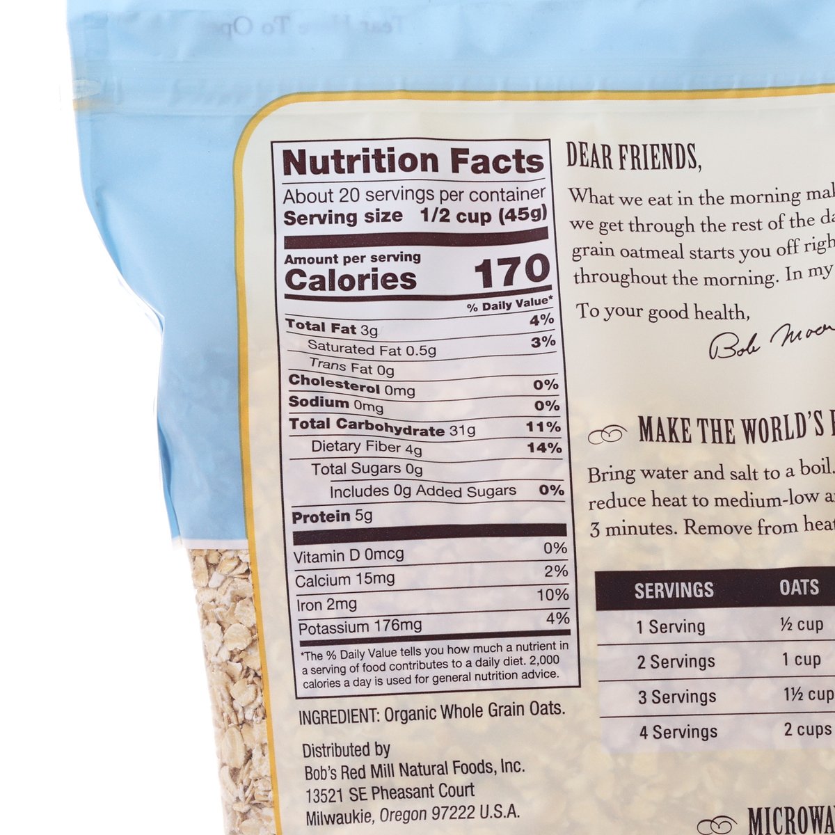 Nutrition facts close-up on organic quick cooking rolled oats pouch