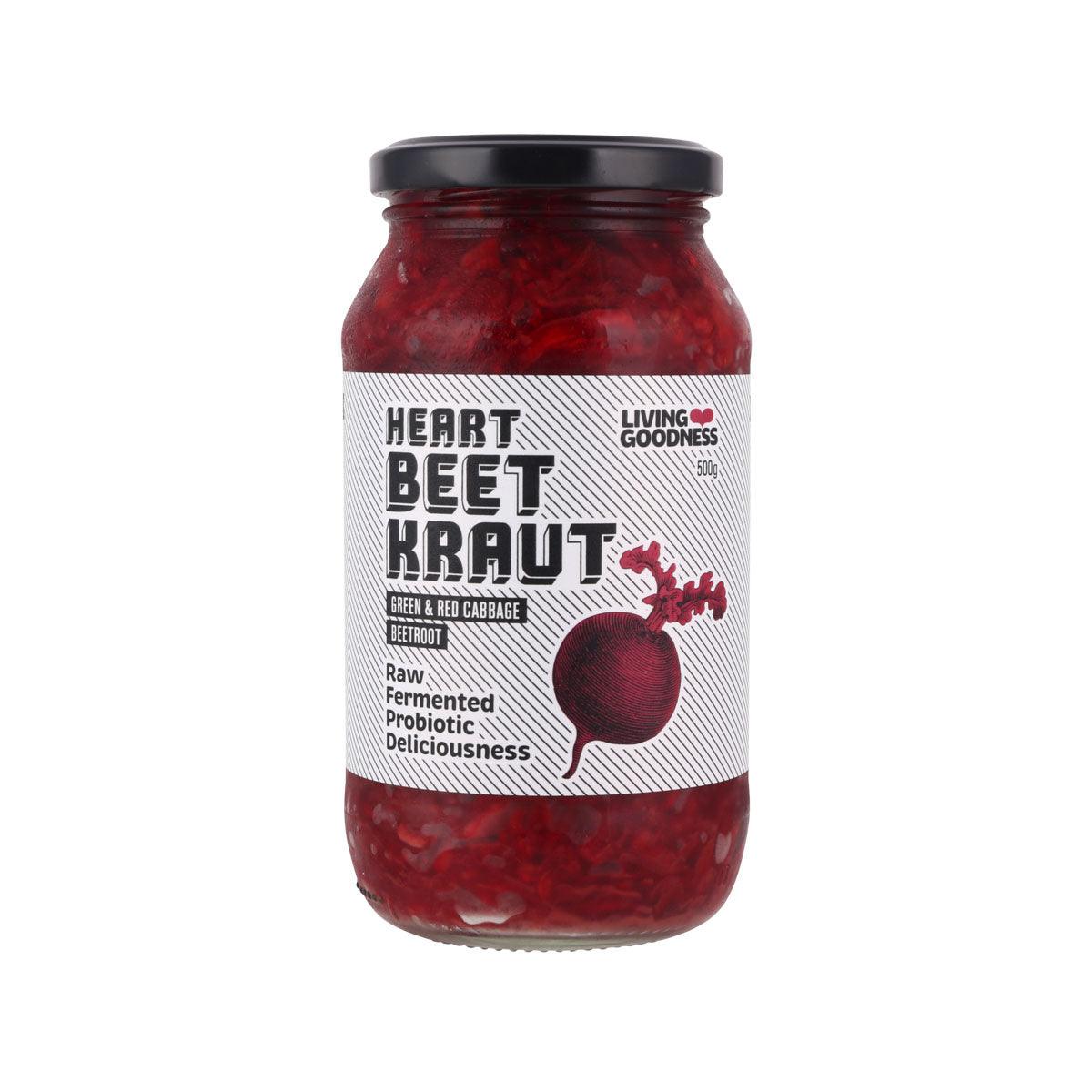 Heart Beet Kraut jar with black cap, red label, LIVING GOODNESS