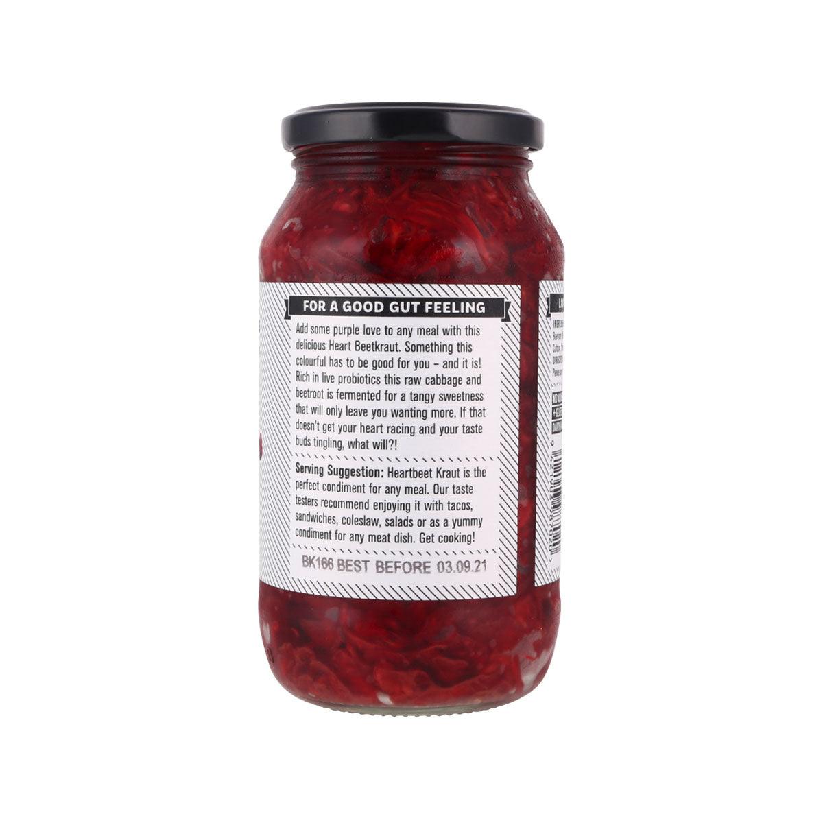 Heart Beet Kraut jar with black cap, back label with serving instructions