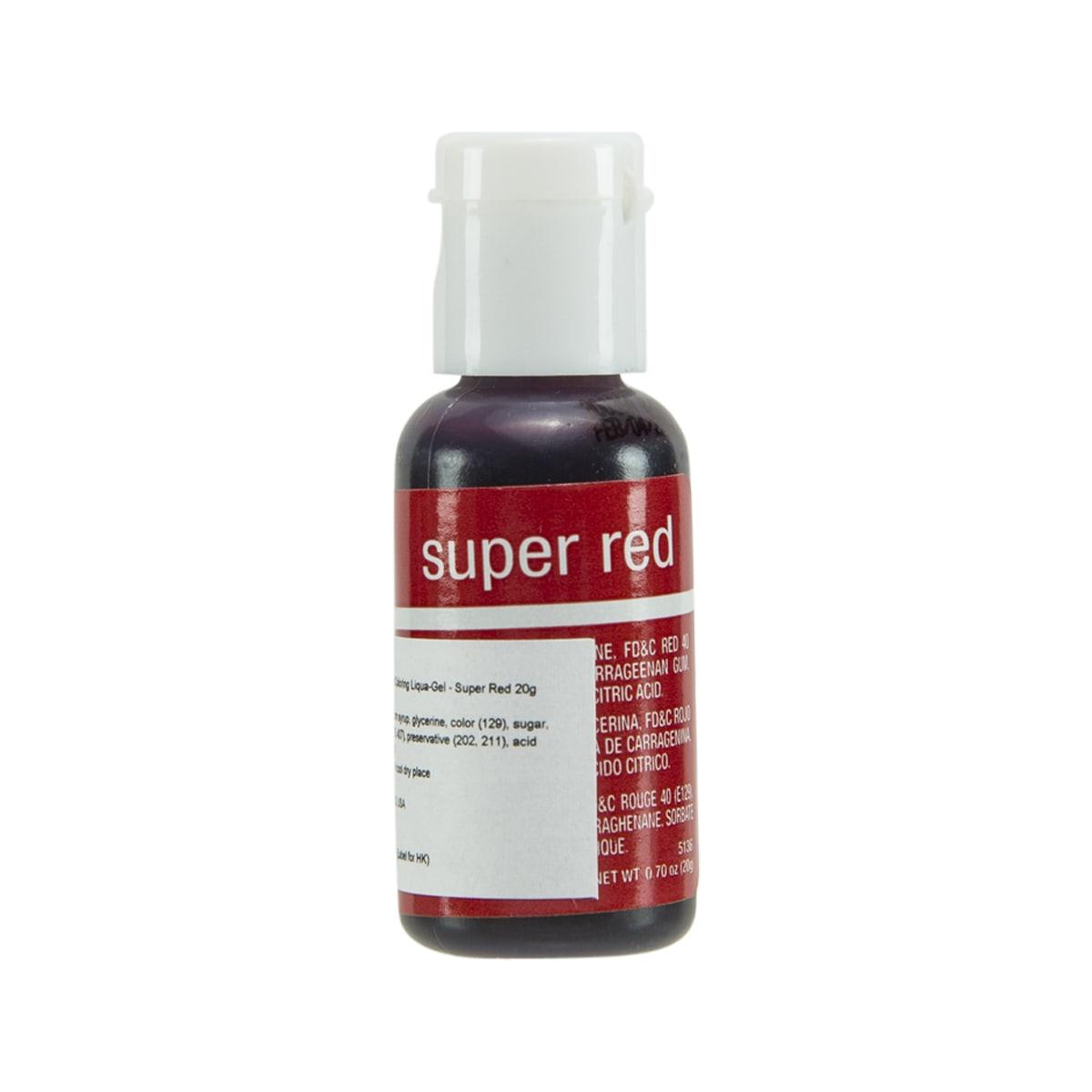 Super Red Liqua-Gel food coloring bottle, white cap, red coloring