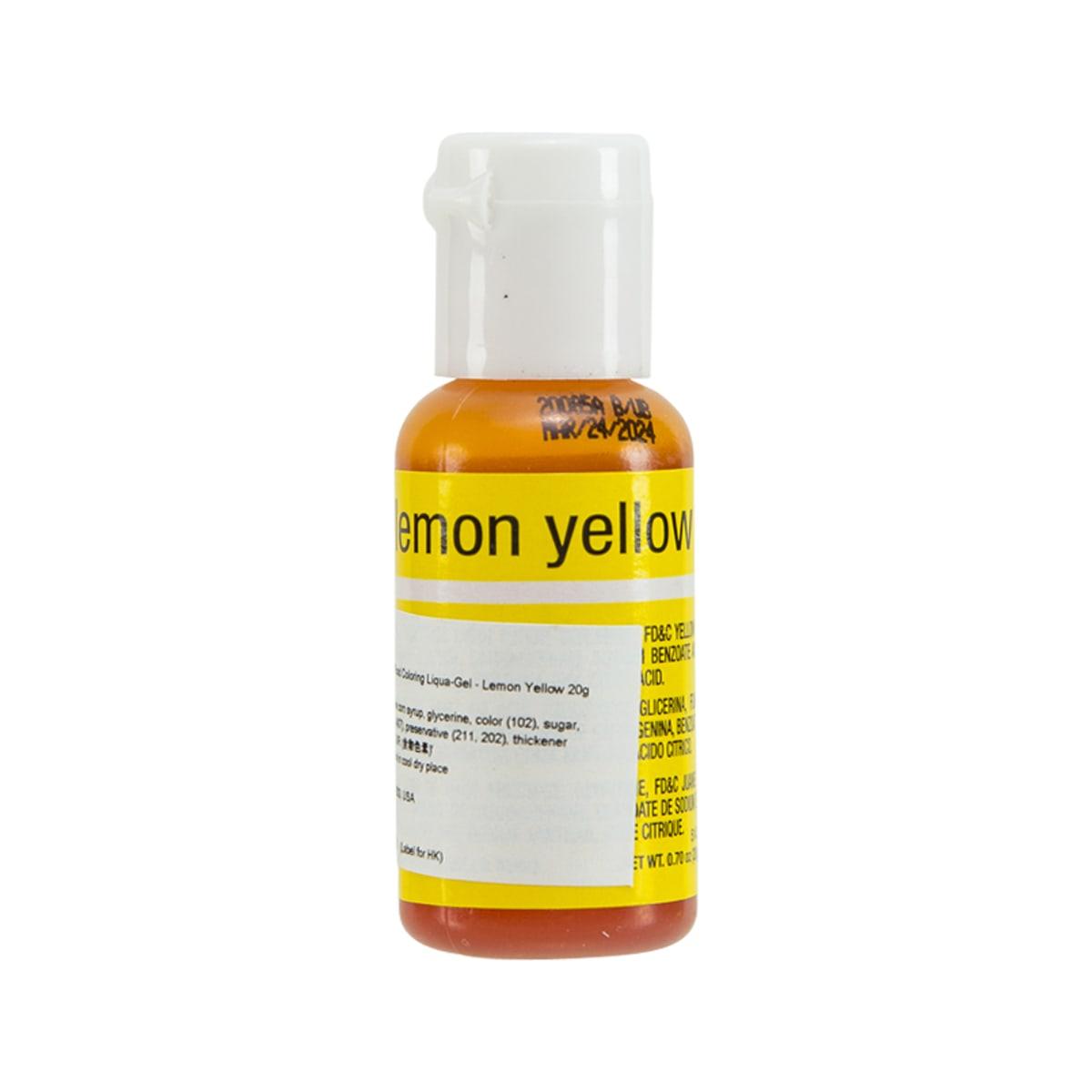 Lemon yellow food coloring gel bottle with flip-top cap, front label
