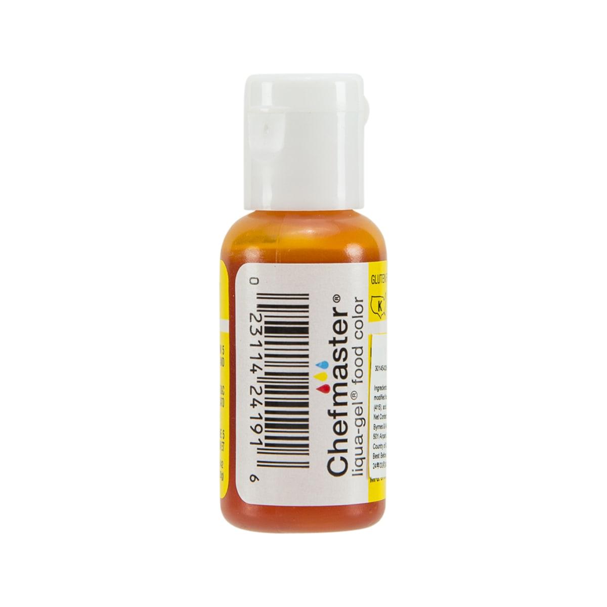 Food coloring gel bottle with flip-top cap, side label and color strip