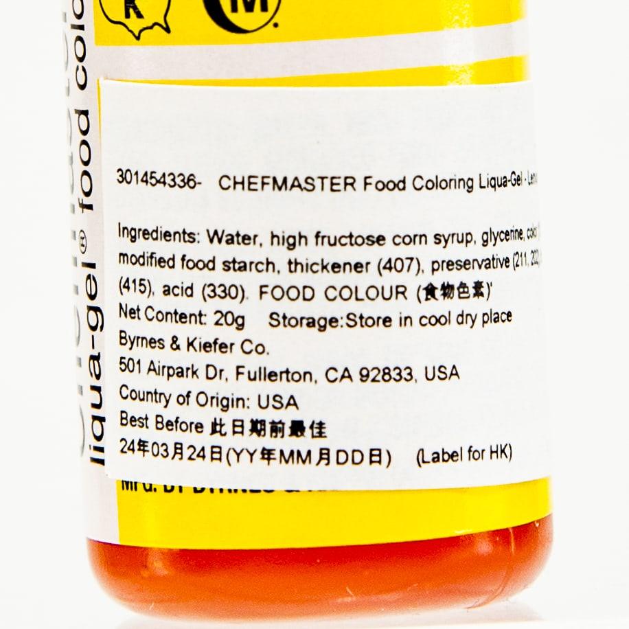 Food coloring gel label close-up showing ingredients and net content 20g