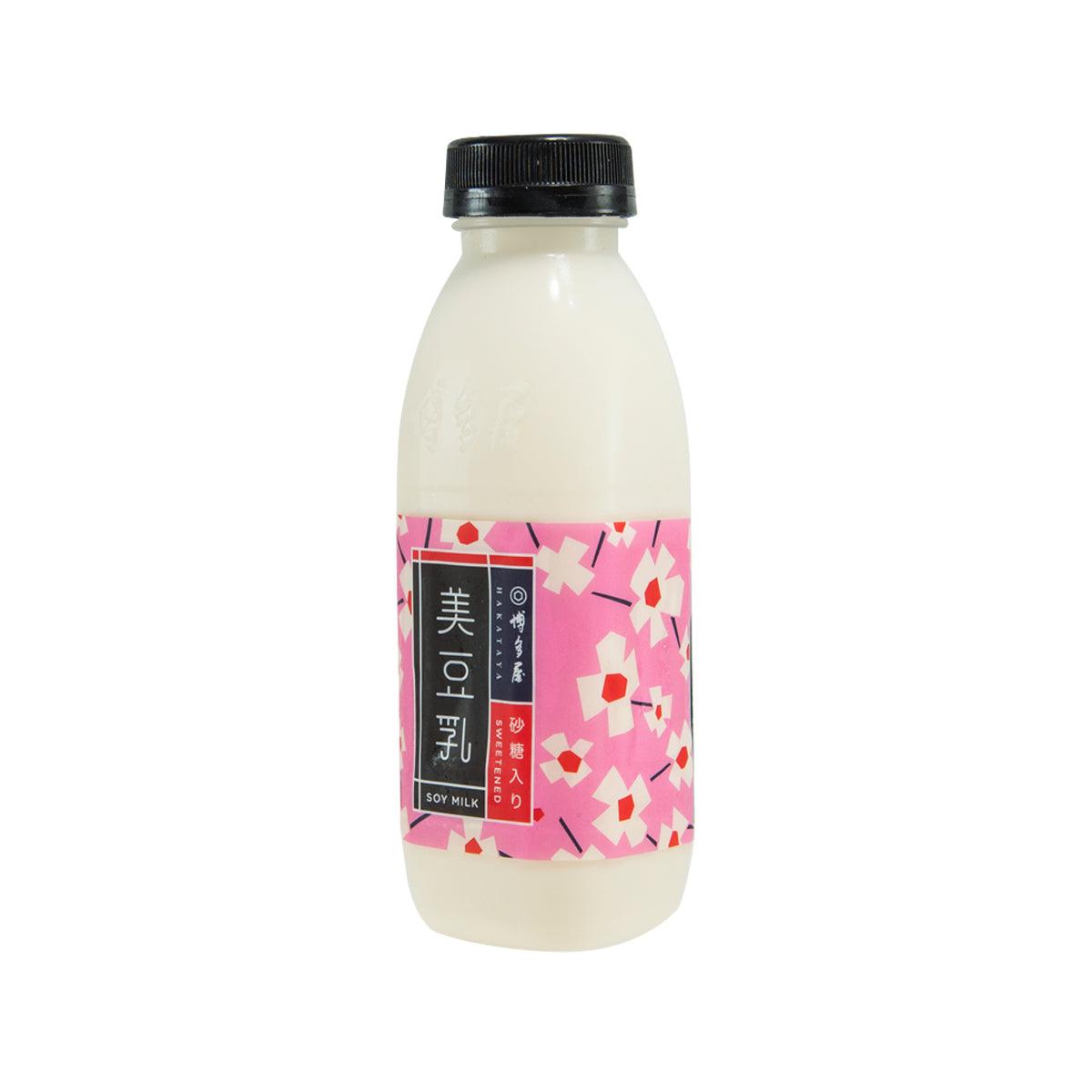 HAKATAYA sweetened soy milk bottle with pink label and screw cap