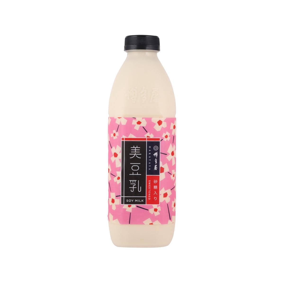 HAKATAYA sweetened soymilk bottle, pink geometric label, 950 mL
