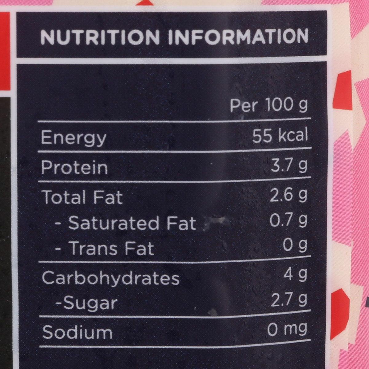Nutrition information close-up for sweetened soymilk, per 100 g values