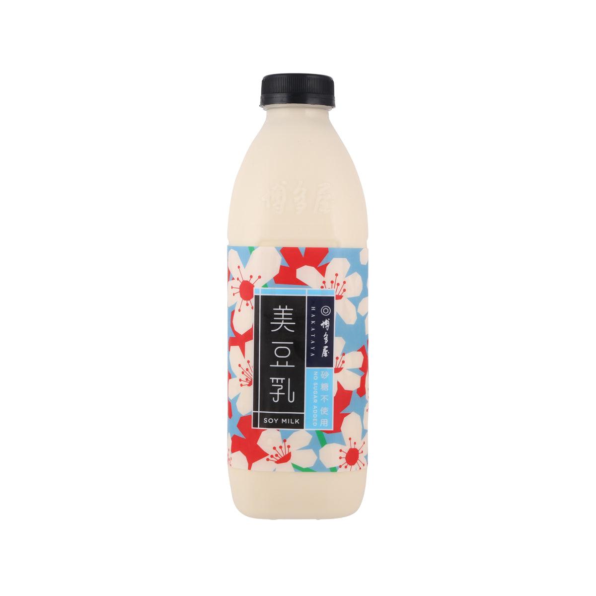 No sugar added soymilk bottle, 950 mL, beige bottle with black cap and colorful label