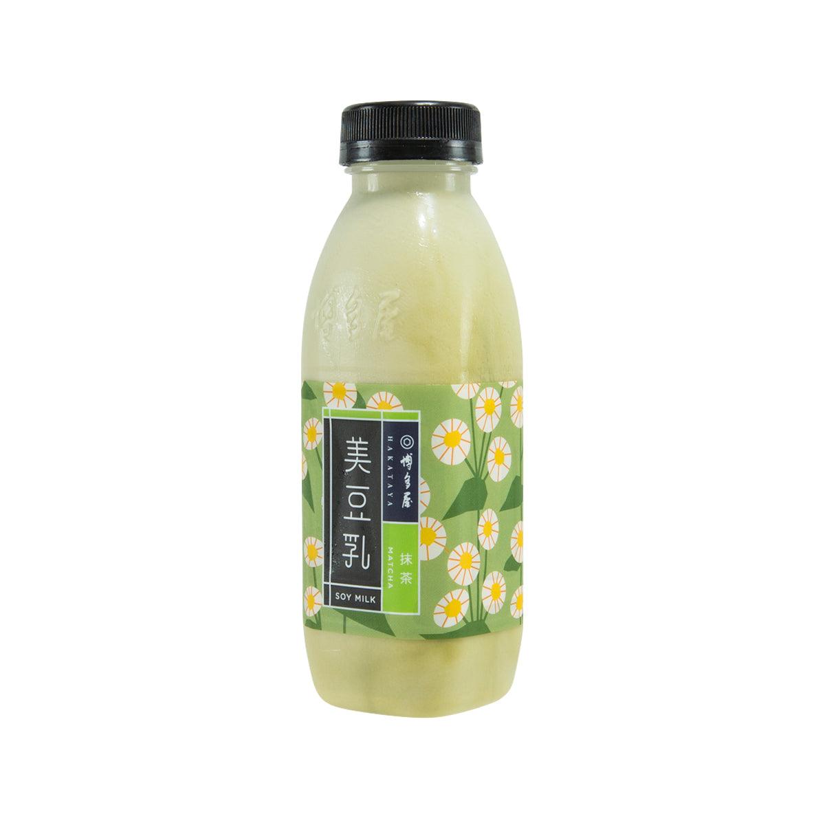 Matcha soymilk bottle, light green 350 mL, front label with icons
