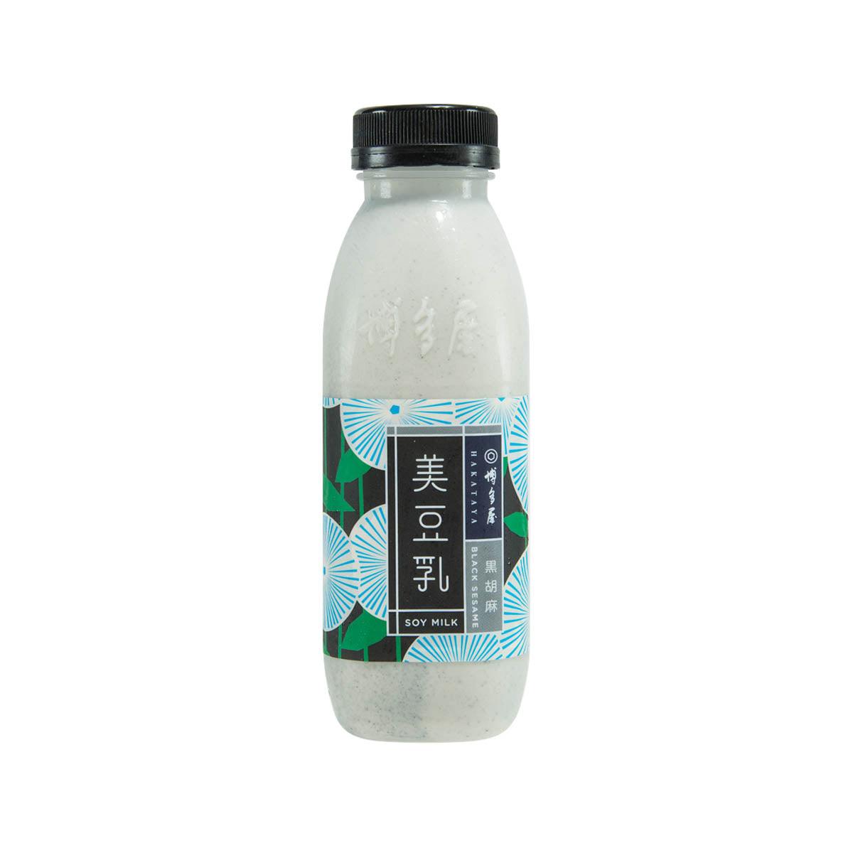 HAKATAYA black sesame soymilk bottle, 350 mL, front label with blue pattern