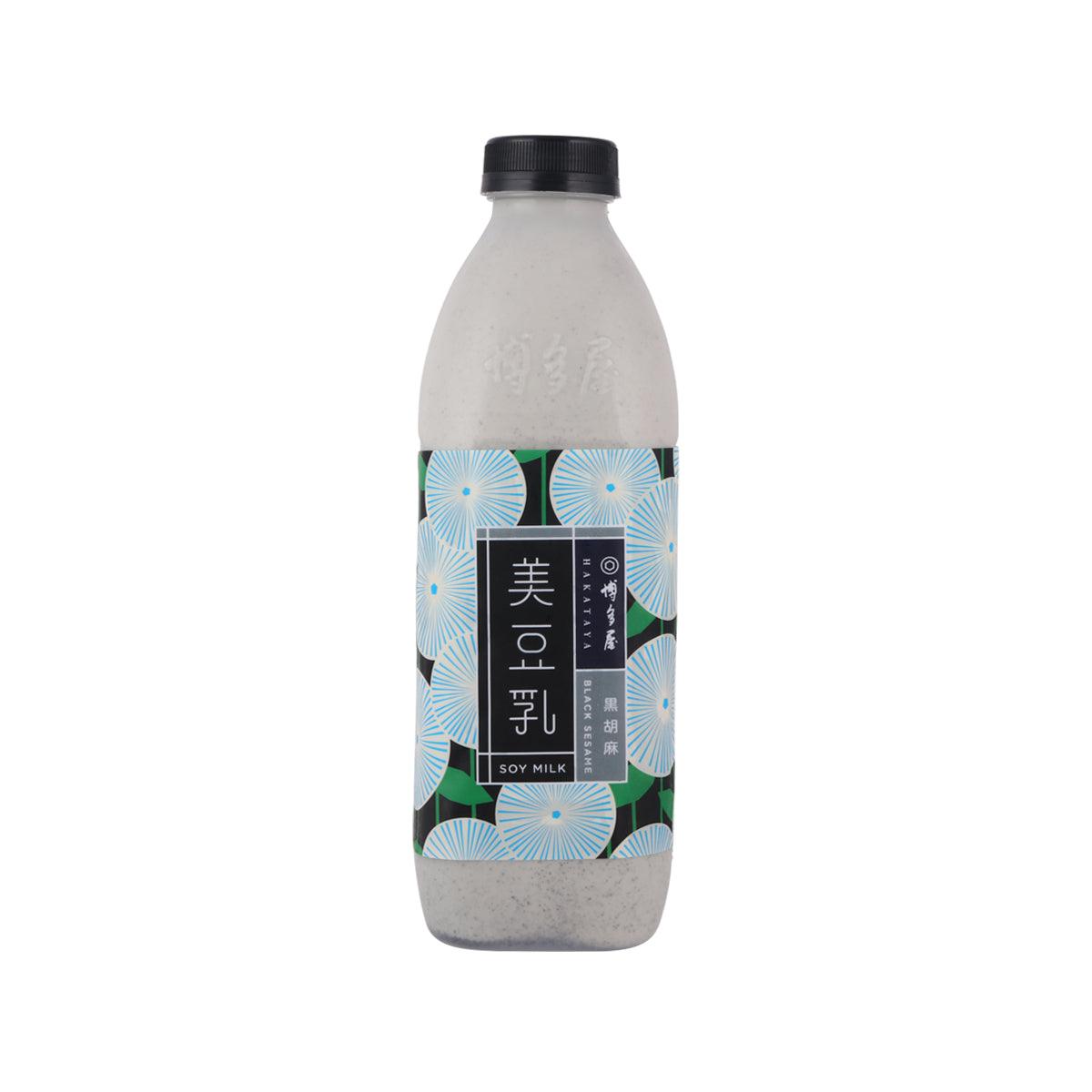950 mL black sesame soymilk bottle with black cap and turquoise patterned label