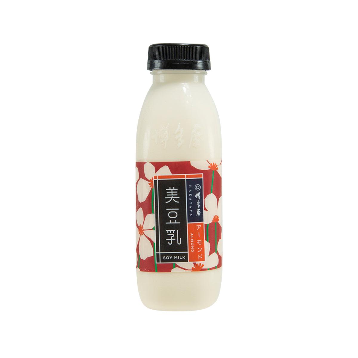 HAKATAYA almond soymilk bottle, 350 mL, clear liquid with black cap