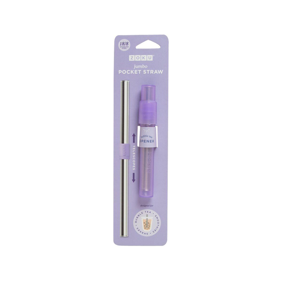 Purple jumbo pocket straw with protective case, 18/8 stainless steel