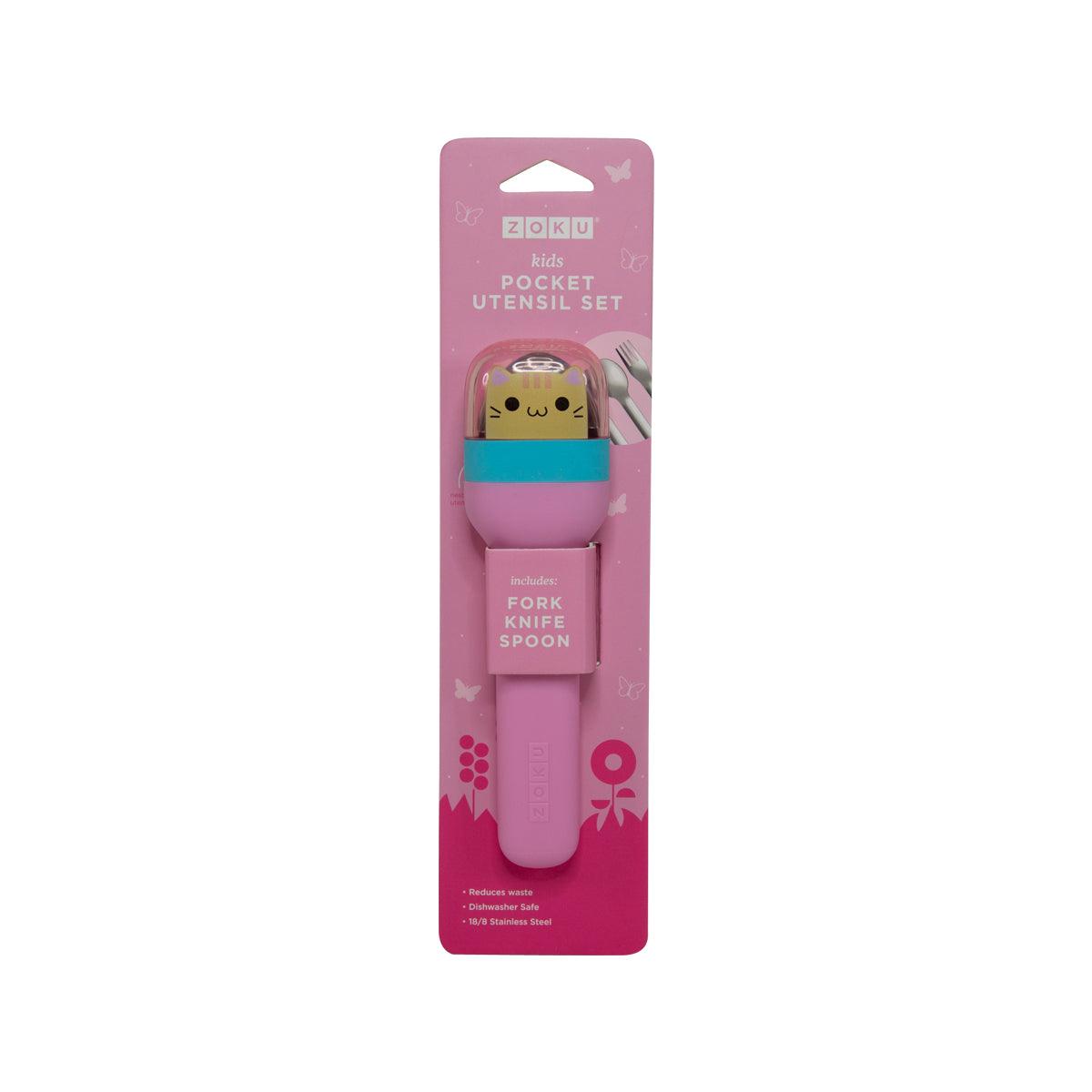 Kids pocket utensil set with cat design holder, fork, knife, and spoon
