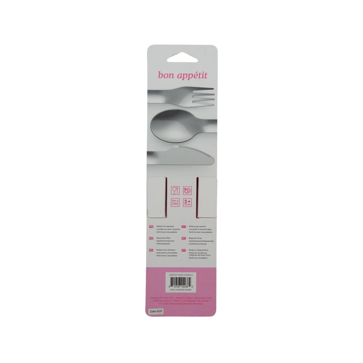 Back of kids pocket utensil set package with utensil icons and instructions