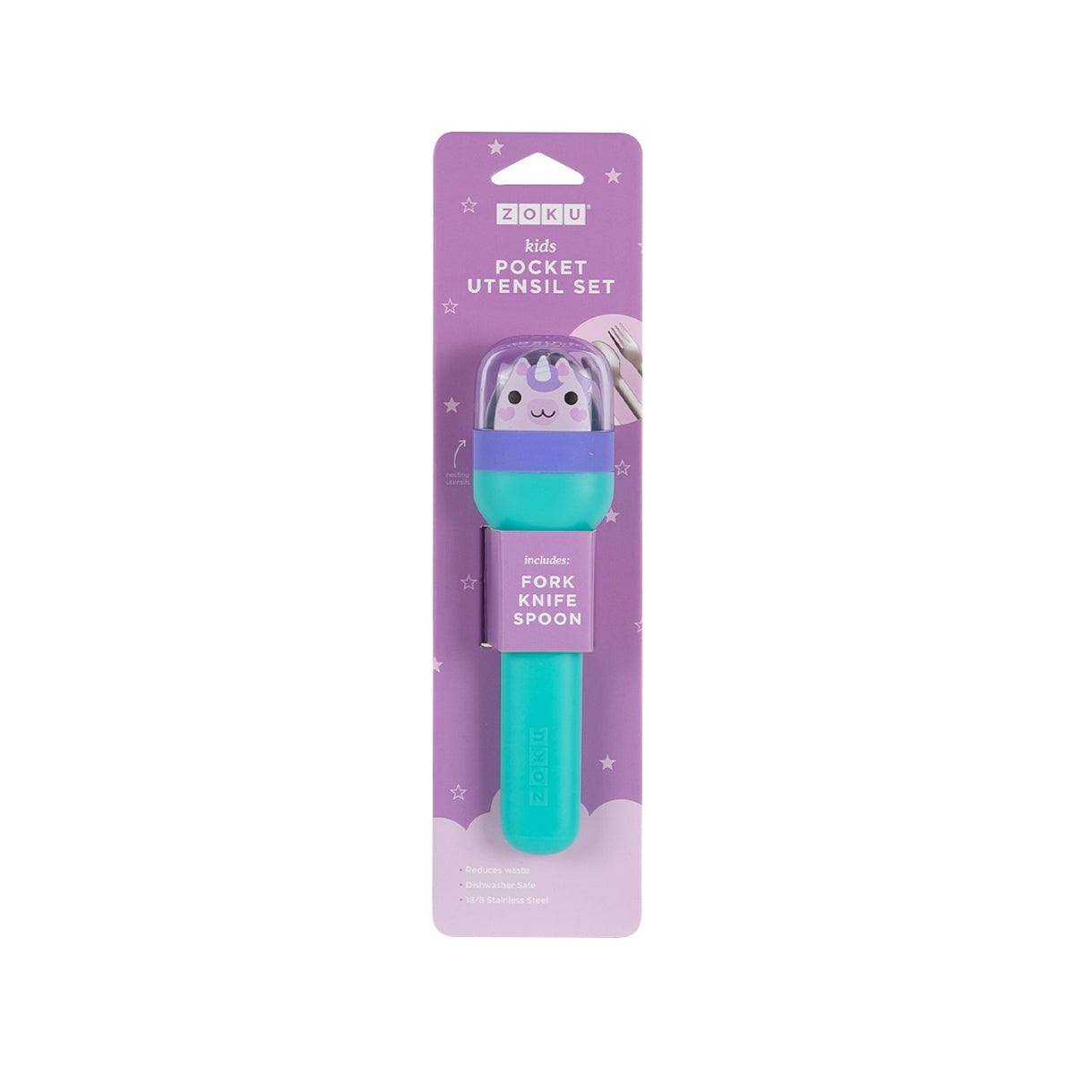 Kids pocket utensil set with unicorn face, includes fork, knife, and spoon in turquoise case