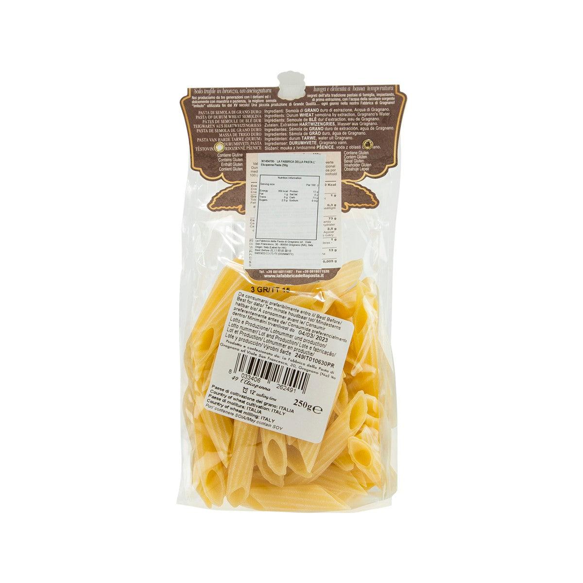 Artisanal helicopenna pasta bag back view with ingredient and nutrition label, 250g