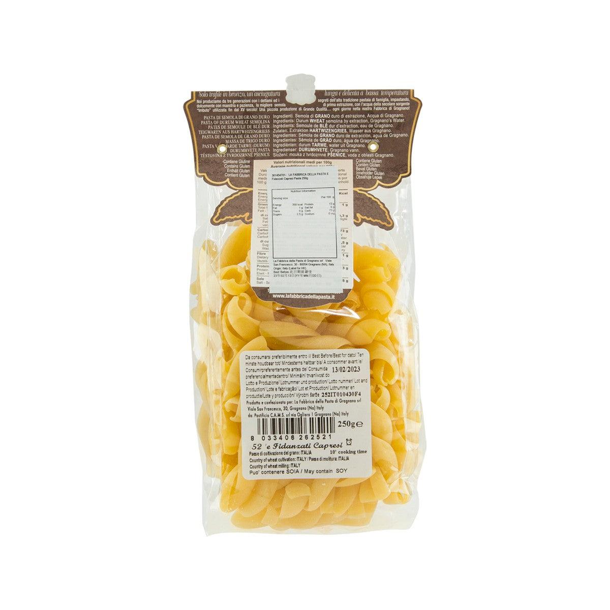 Back of LA FABBRICA DELLA capresi pasta bag with ingredient and nutrition panel