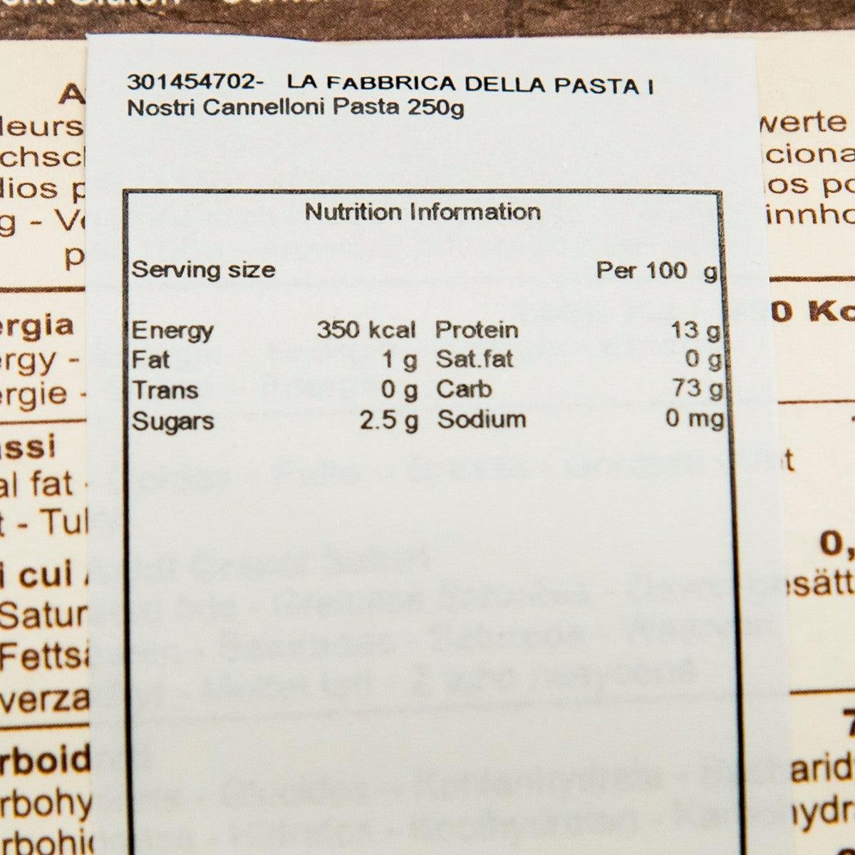 Nutrition information panel for cannelloni pasta, per 100 g values