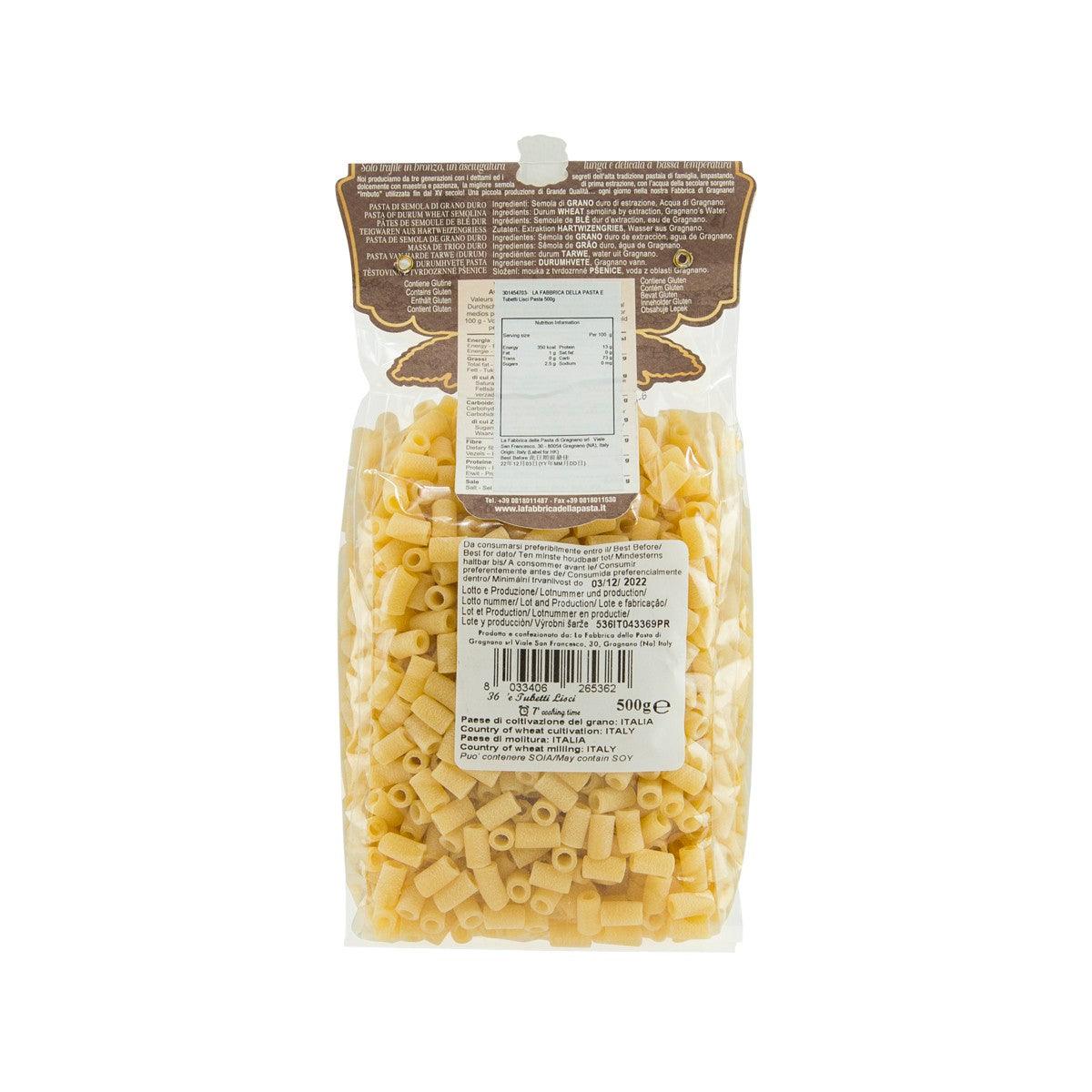 LA FABBRICA DELLA smooth tube pasta bag back with ingredient and nutrition label