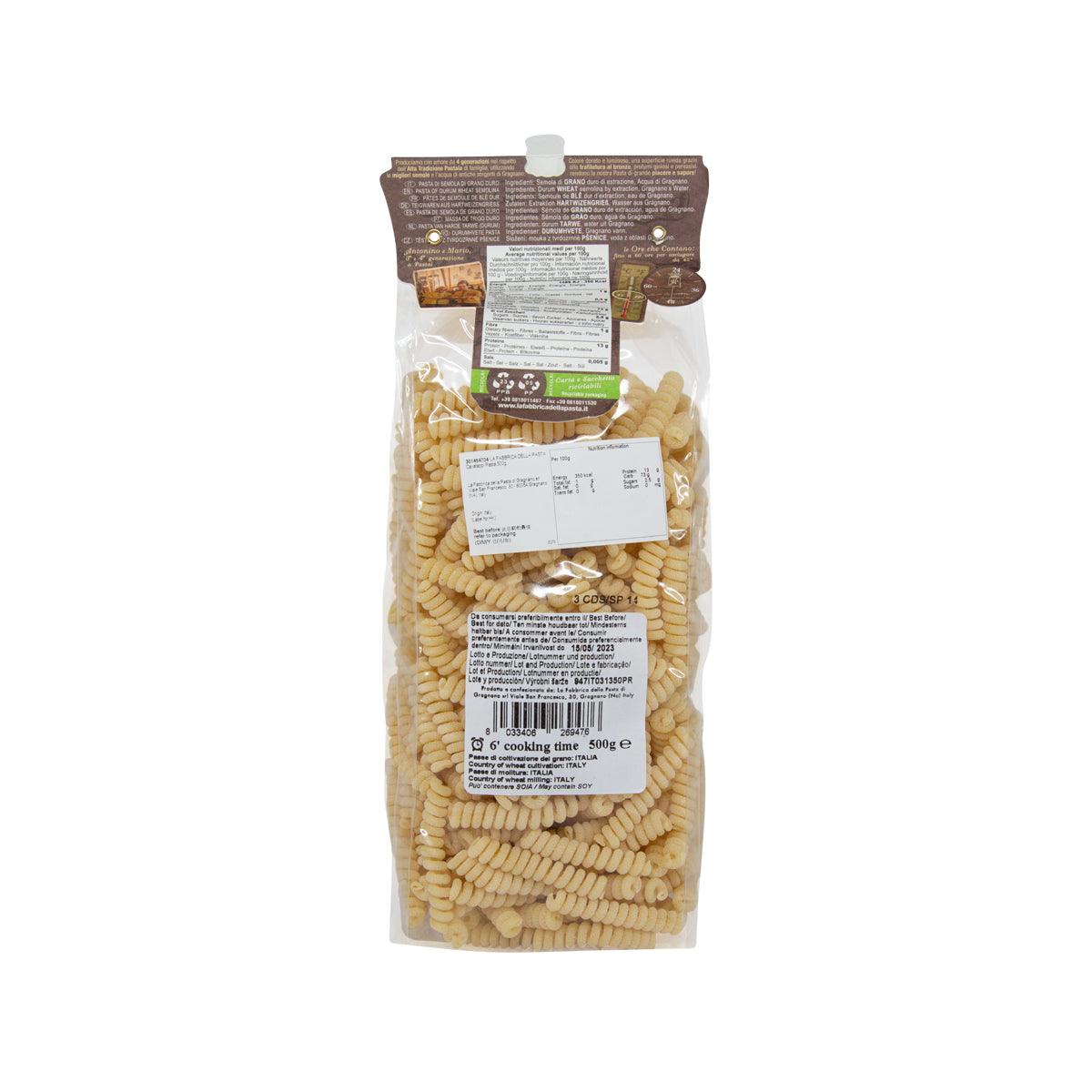 LA FABBRICA DELLA Artisanal cavatappi pasta, 500g bag back with ingredient panel
