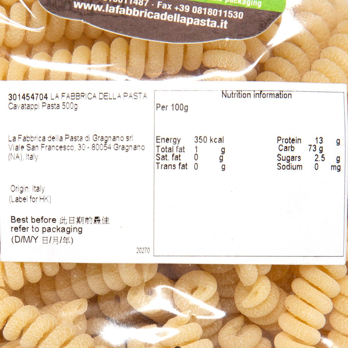 Cavatappi pasta label close-up showing nutrition information on 500g bag