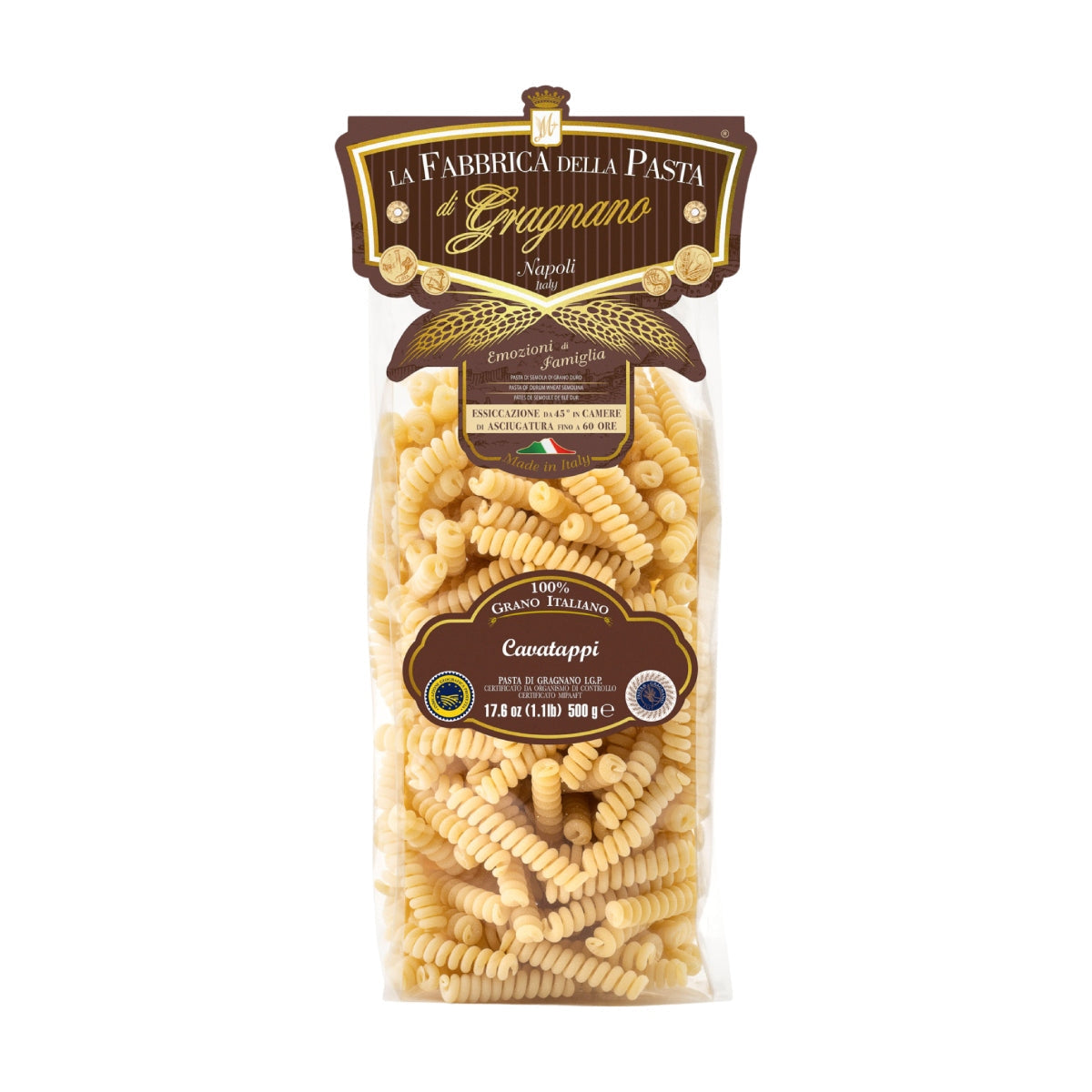 LA FABBRICA DELLA Artisanal cavatappi pasta, 500g bag with curled ridged noodles