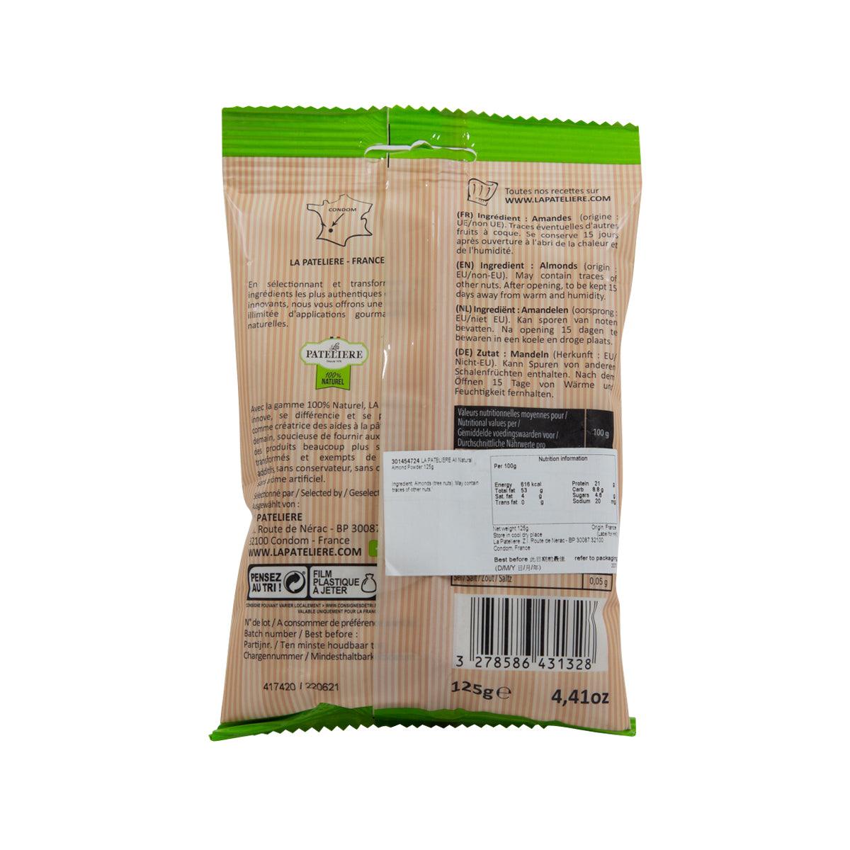 Almond powder pouch, back label with nutrition info and barcode