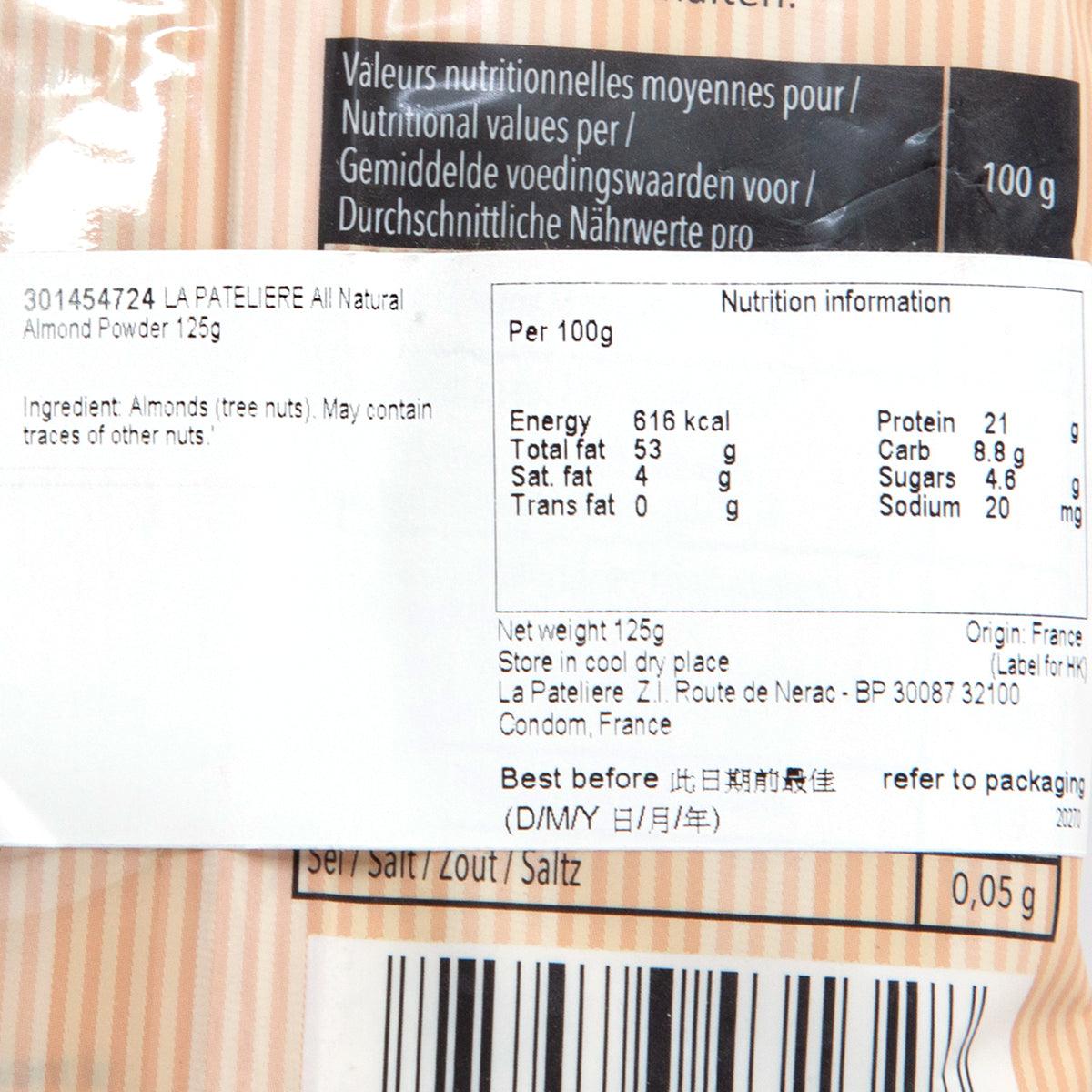 Almond powder nutrition information panel, per 100 g details