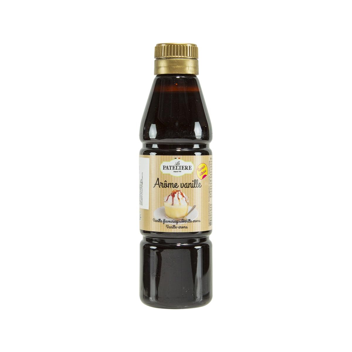 LA PATELIERE vanilla flavor syrup bottle, 250 mL, amber liquid with gold cap