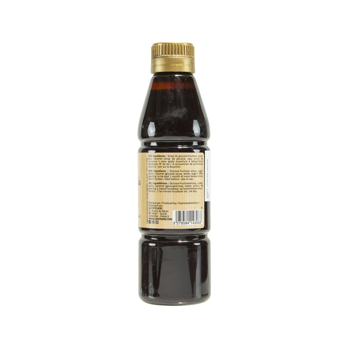 LA PATELIERE caramel syrup bottle, 250 mL, back label with ingredients and barcode