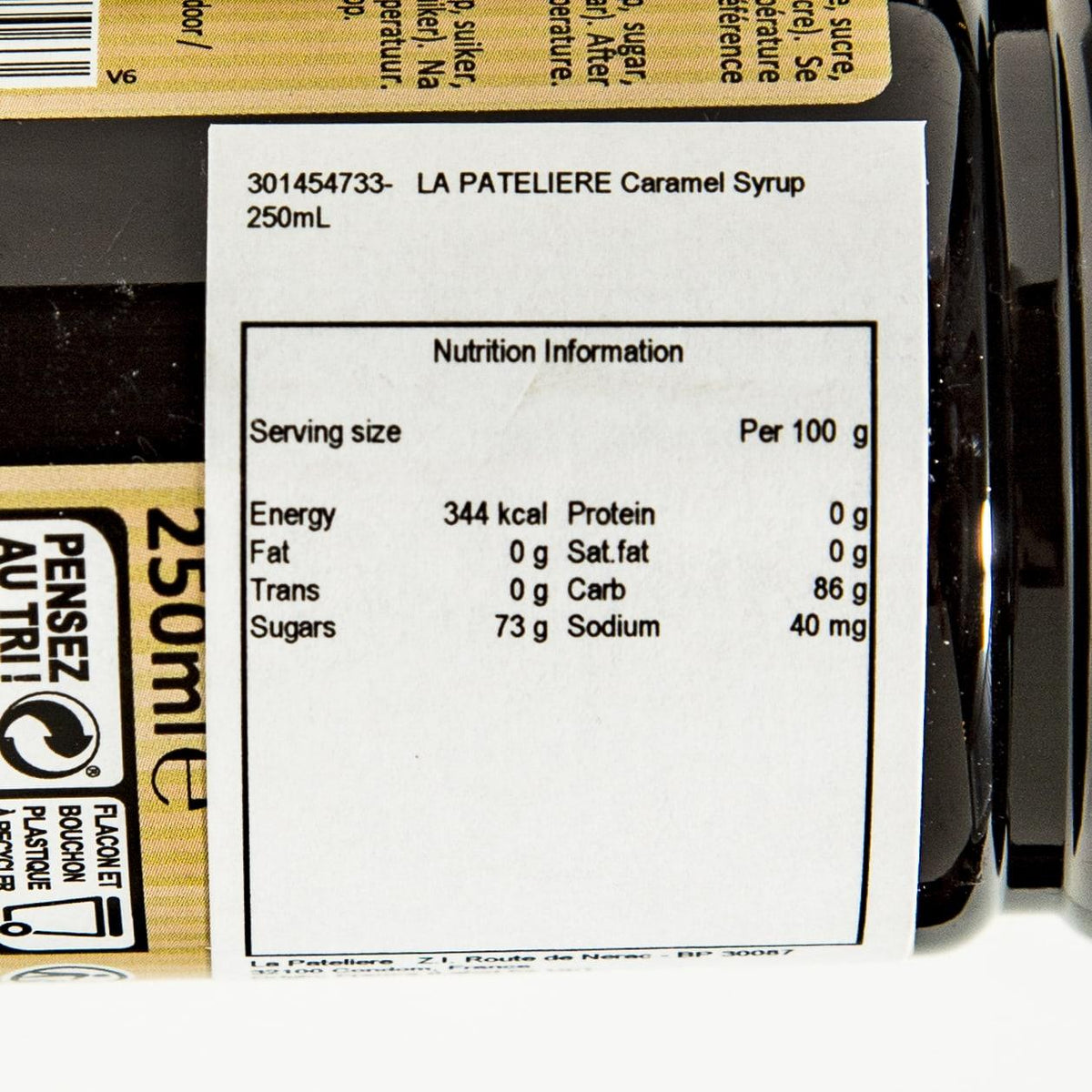 Nutrition Information label for LA PATELIERE caramel syrup, 250 mL