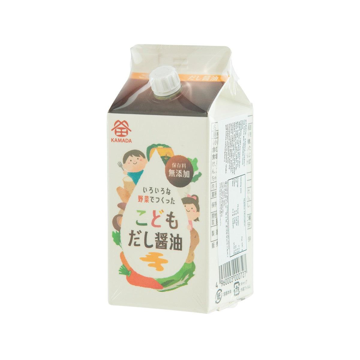 KAMADA children's soy sauce with vegetable stock pouch, side view with barcode