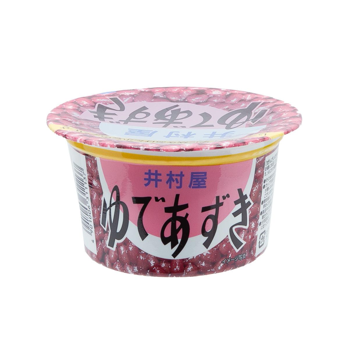 Sweet boiled red beans cup with pink speckled lid and Japanese label