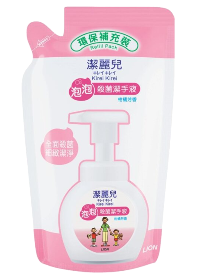 KIREI foaming hand soap refill pouch, pink and white front with dispenser icon