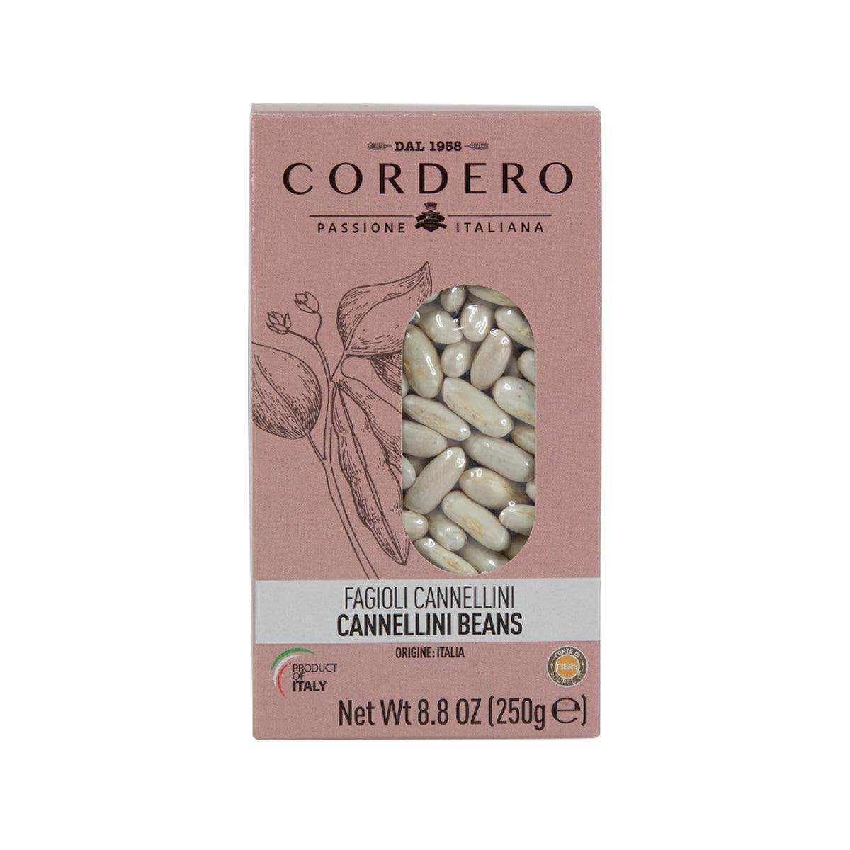 Cordonero cannellini bean carton with front window showing white beans, 250 g