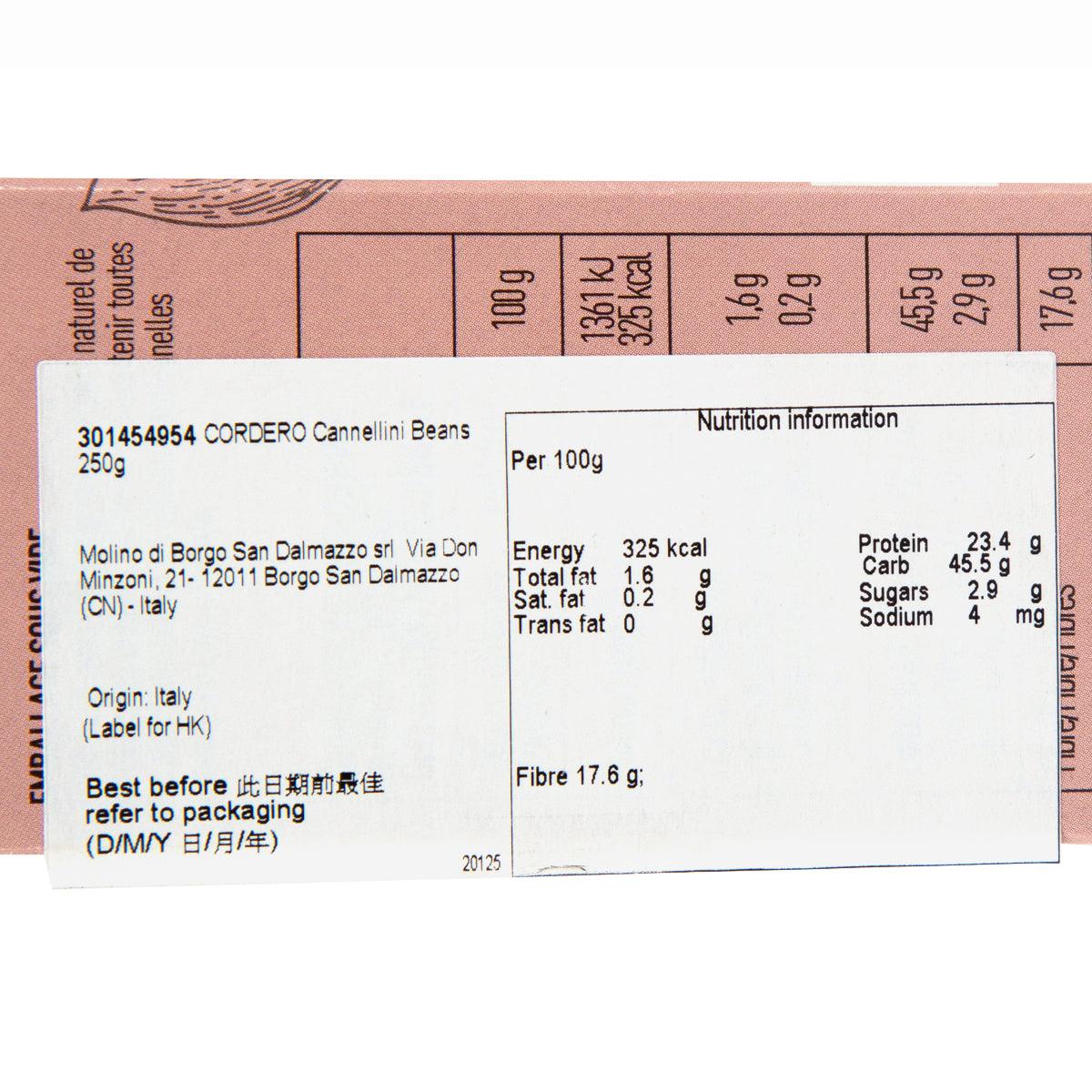 Nutrition facts label per 100 g on cannellini bean carton, 250 g