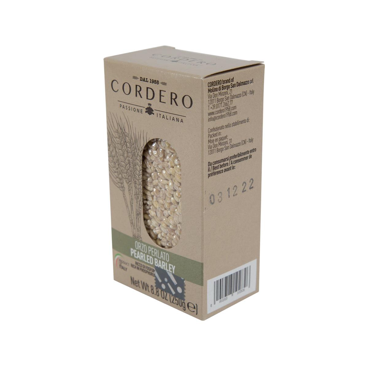 CORDERO pearled barley carton side with window, beige grains visible through cutout.