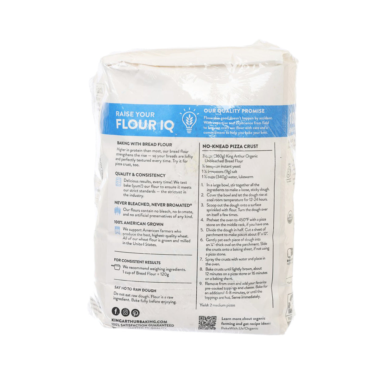 KING ARTHUR Organic unbleached bread flour bag, back label with baking directions