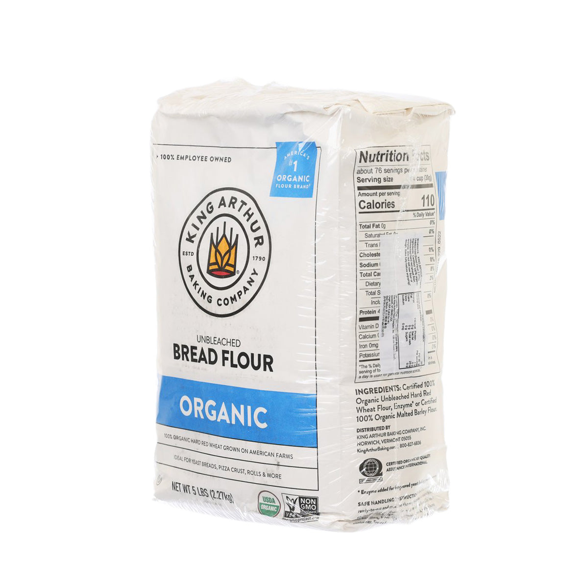 KING ARTHUR Organic unbleached bread flour bag with nutrition panel, side view